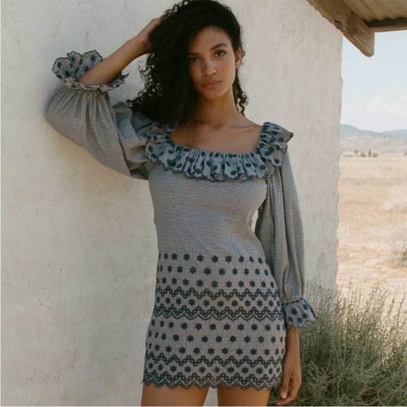 NWT Doen Franique Cotton Ruffle Eyelet Long Sleeve Dress Azure Paris Gingham - Picture 1 of 14